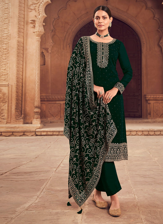 Forest Green Georgette Embroidered Trouser Kameez