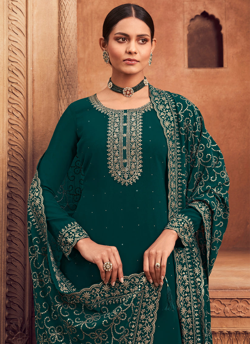 Peacock Green Georgette Embroidered Trouser Kameez