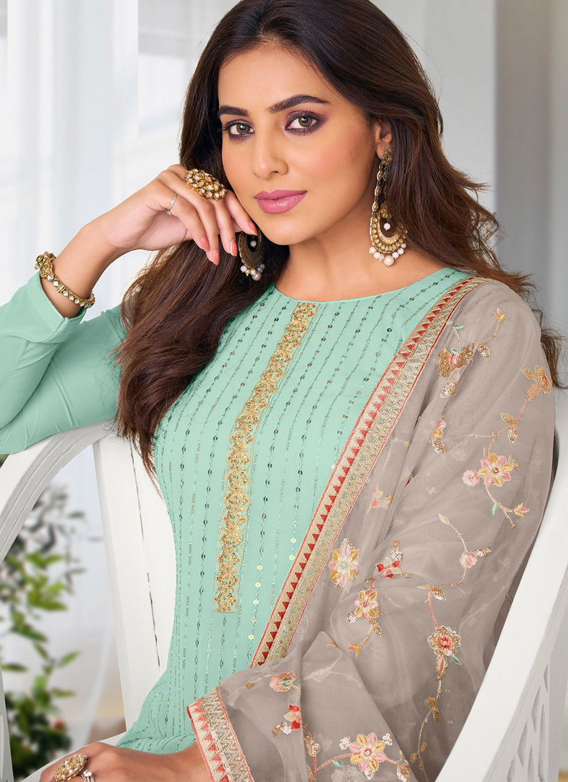 Ice Mint Embroidered Pant Kameez for Festival