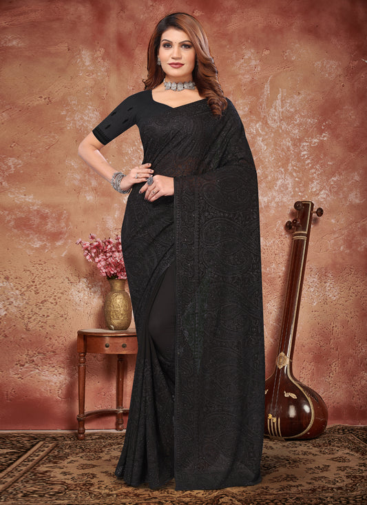 Black Georgette Resham Embroidered Saree