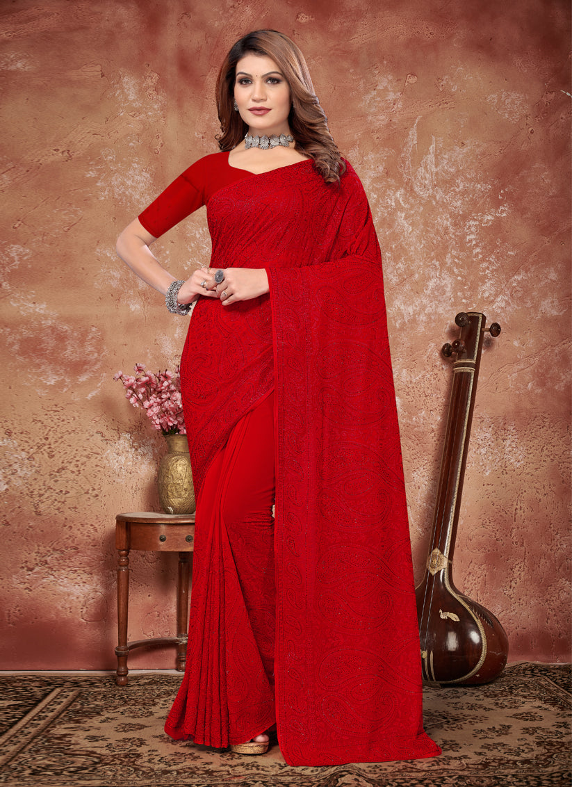 Red Georgette Resham Embroidered Saree