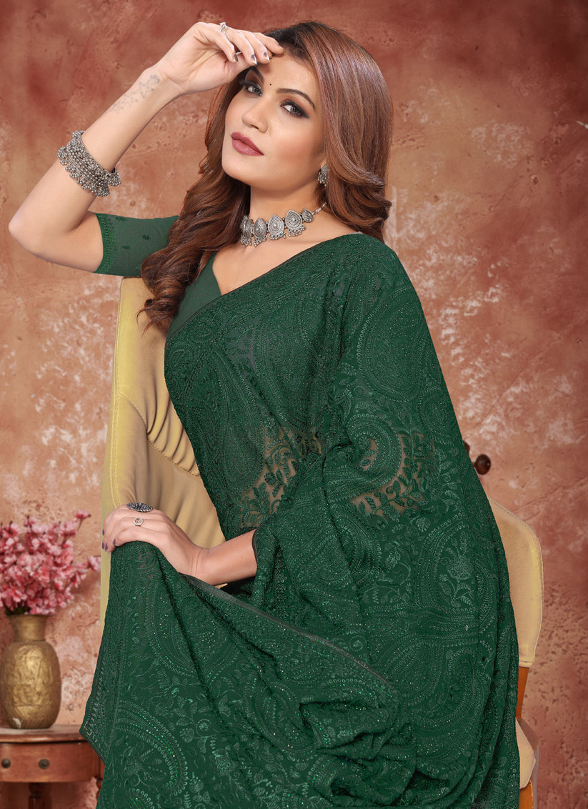 Green Georgette Resham Embroidered Saree