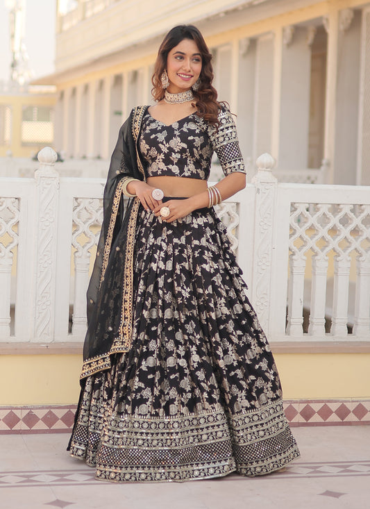 Black Viscose Jacquard Embroidered Lehenga Choli