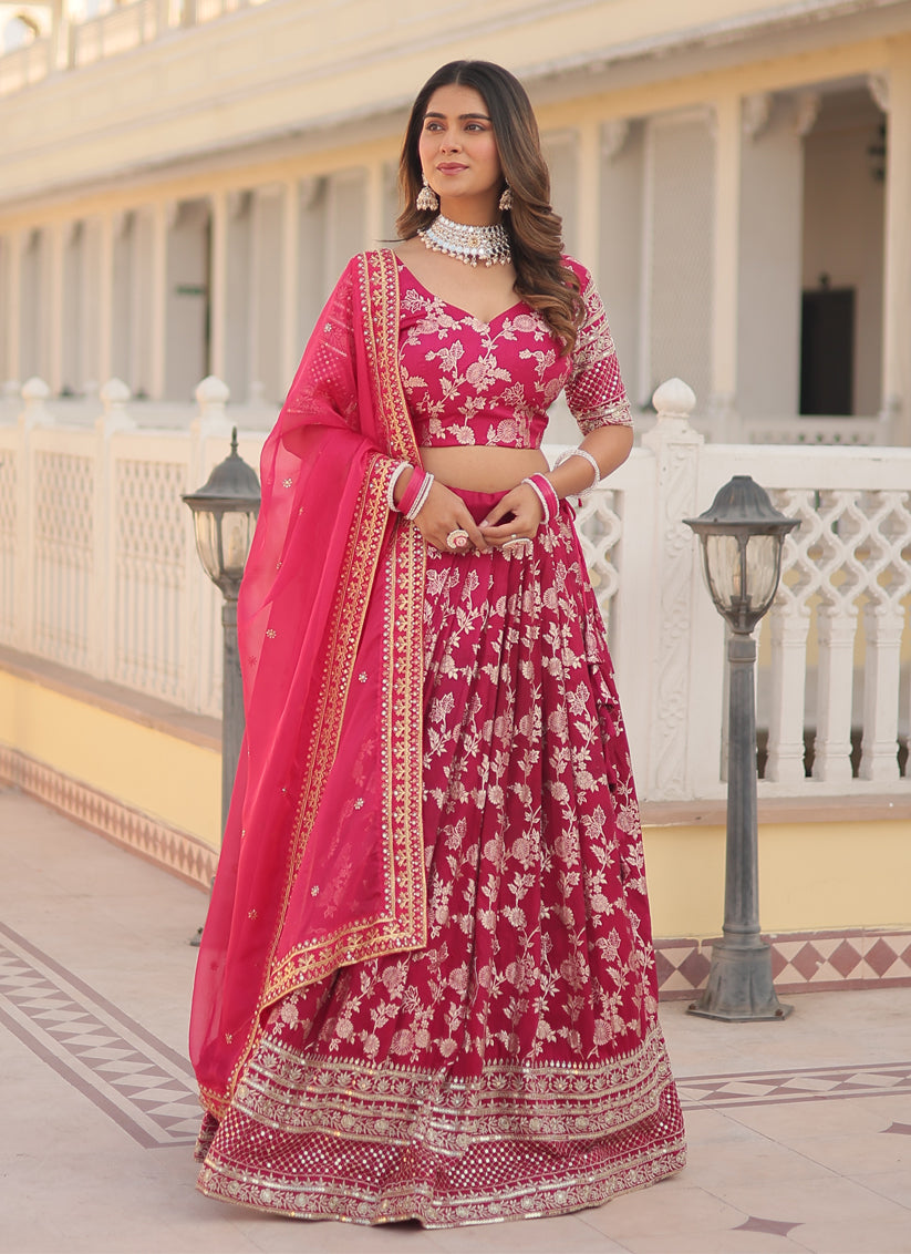 Rani Pink Viscose Jacquard Embroidered Lehenga Choli