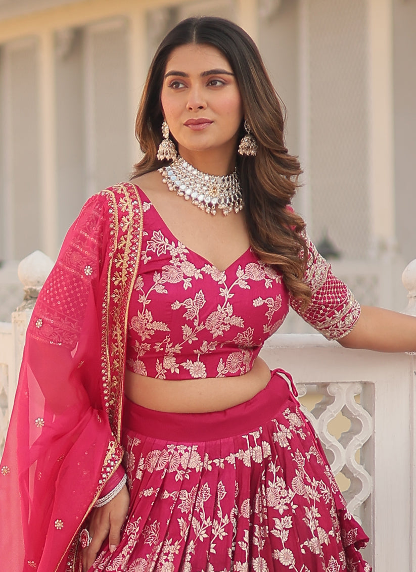 Rani Pink Viscose Jacquard Embroidered Lehenga Choli