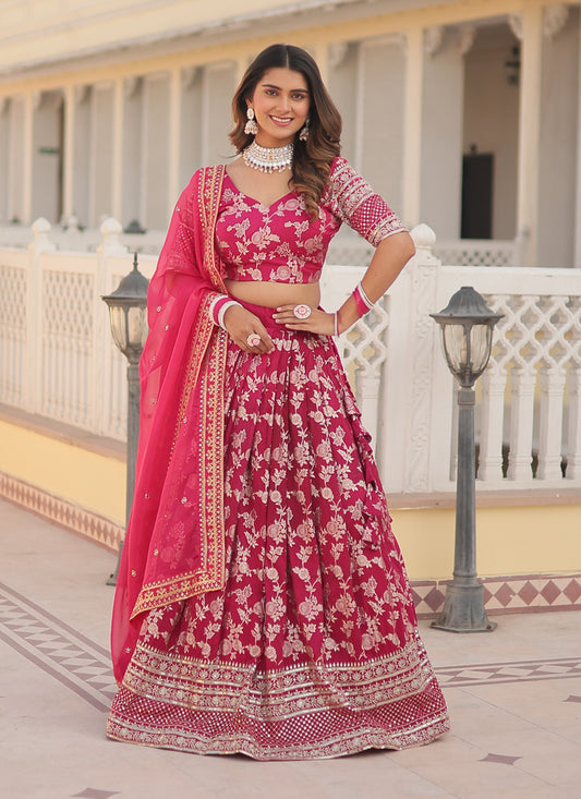 Rani Pink Viscose Jacquard Embroidered Lehenga Choli