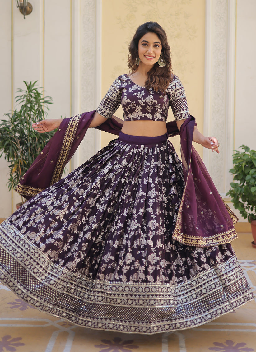 Burgundy Viscose Jacquard Embroidered Lehenga Choli