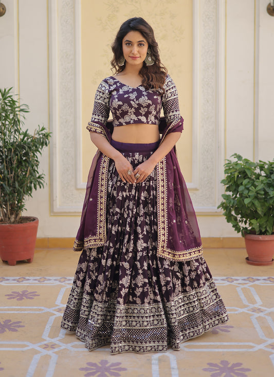 Burgundy Viscose Jacquard Embroidered Lehenga Choli