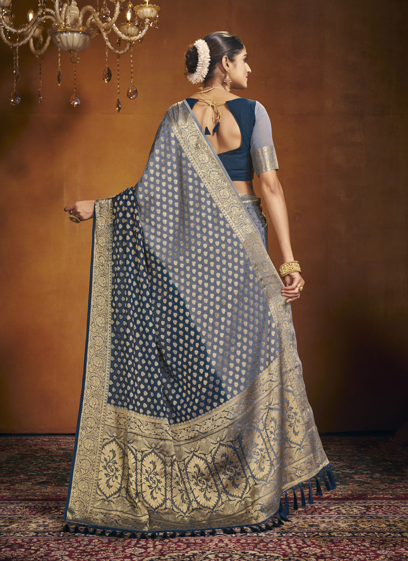 Navy Blue and Grey Georgette Festival Saree