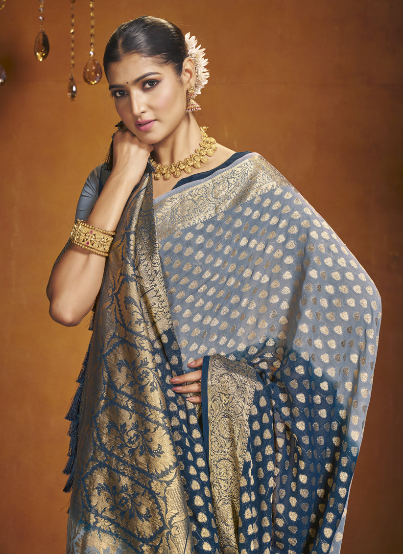 Navy Blue and Grey Georgette Festival Saree
