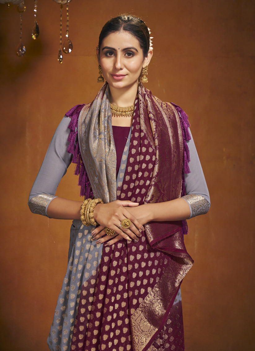 Maroon and Grey Georgette Festival Saree