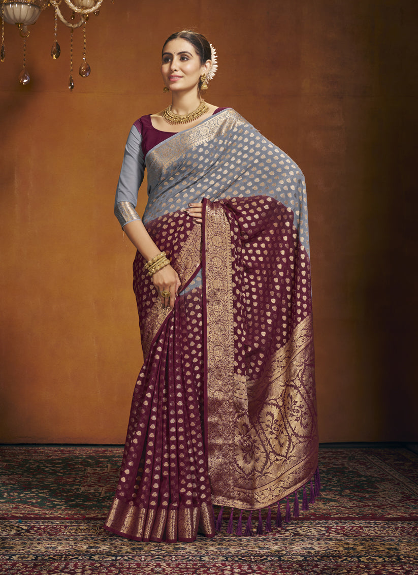 Maroon and Grey Georgette Festival Saree