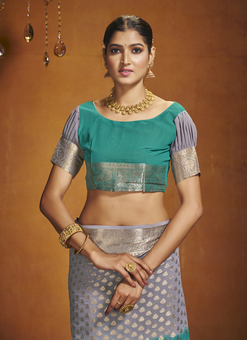 Rama Green and Grey Georgette Festival Saree