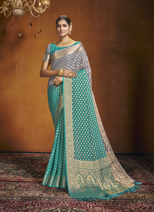 Rama Green and Grey Georgette Festival Saree