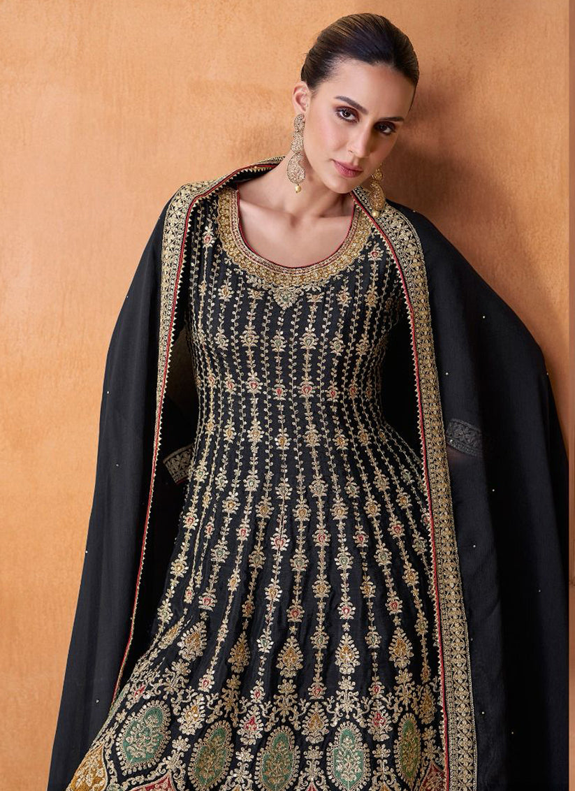 Midnight Blue Faux Georgette Embroidered Palazzo Kameez