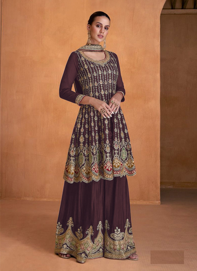 Chocolate Brown Faux Georgette Embroidered Palazzo Kameez