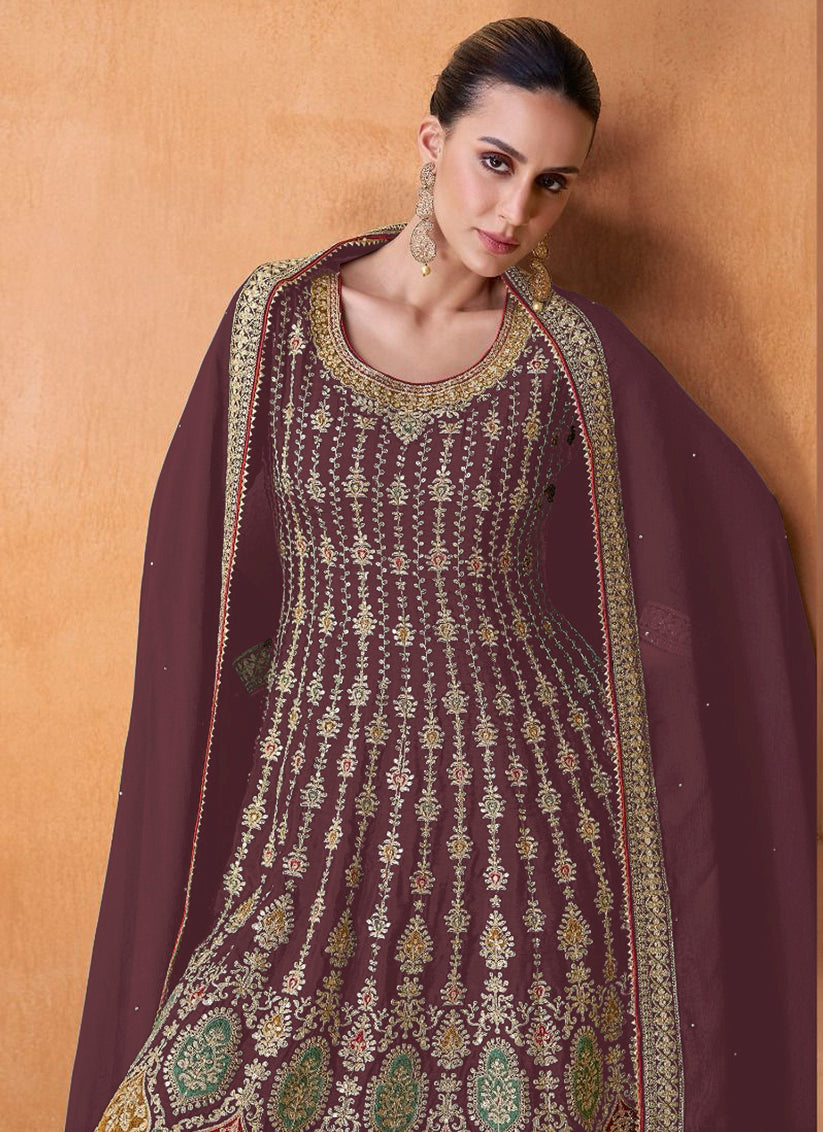 Cinammon Brown Faux Georgette Embroidered Palazzo Kameez