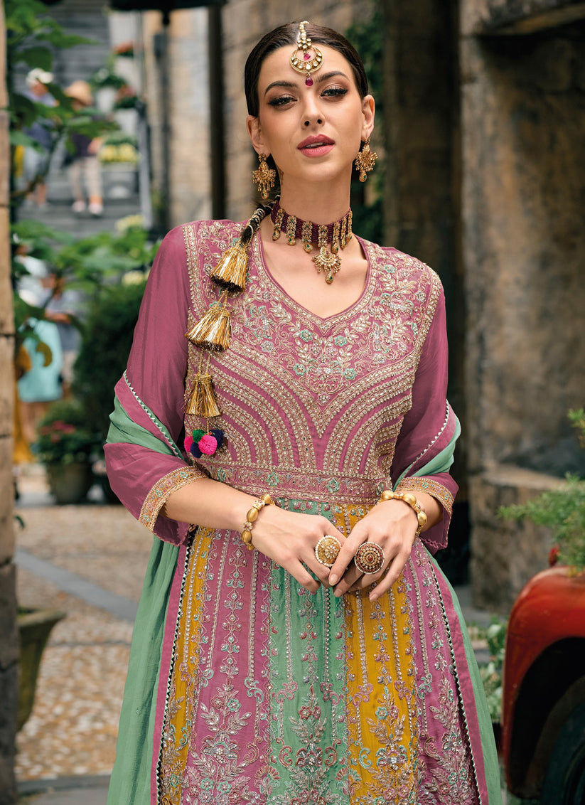 Multicolor Chinnon Embroidered Palazzo Kameez