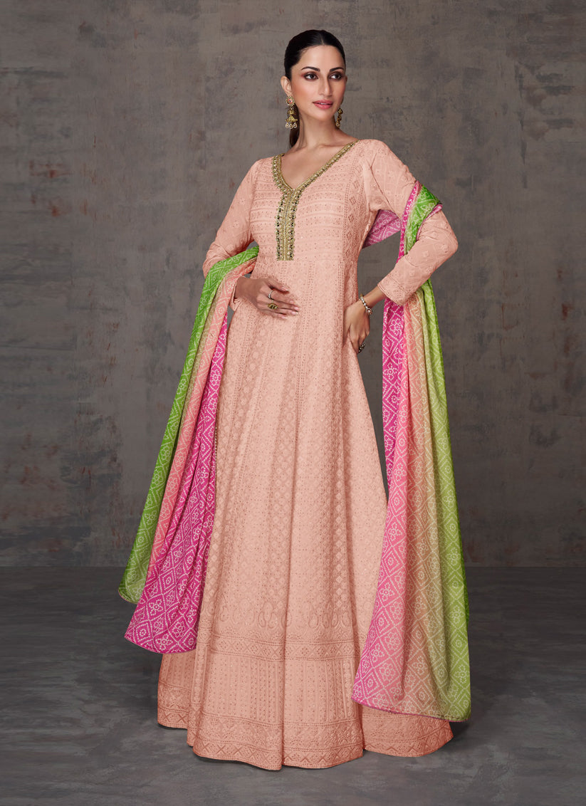 Blush Peach Faux Georgette Embroidered Anarkali Suit