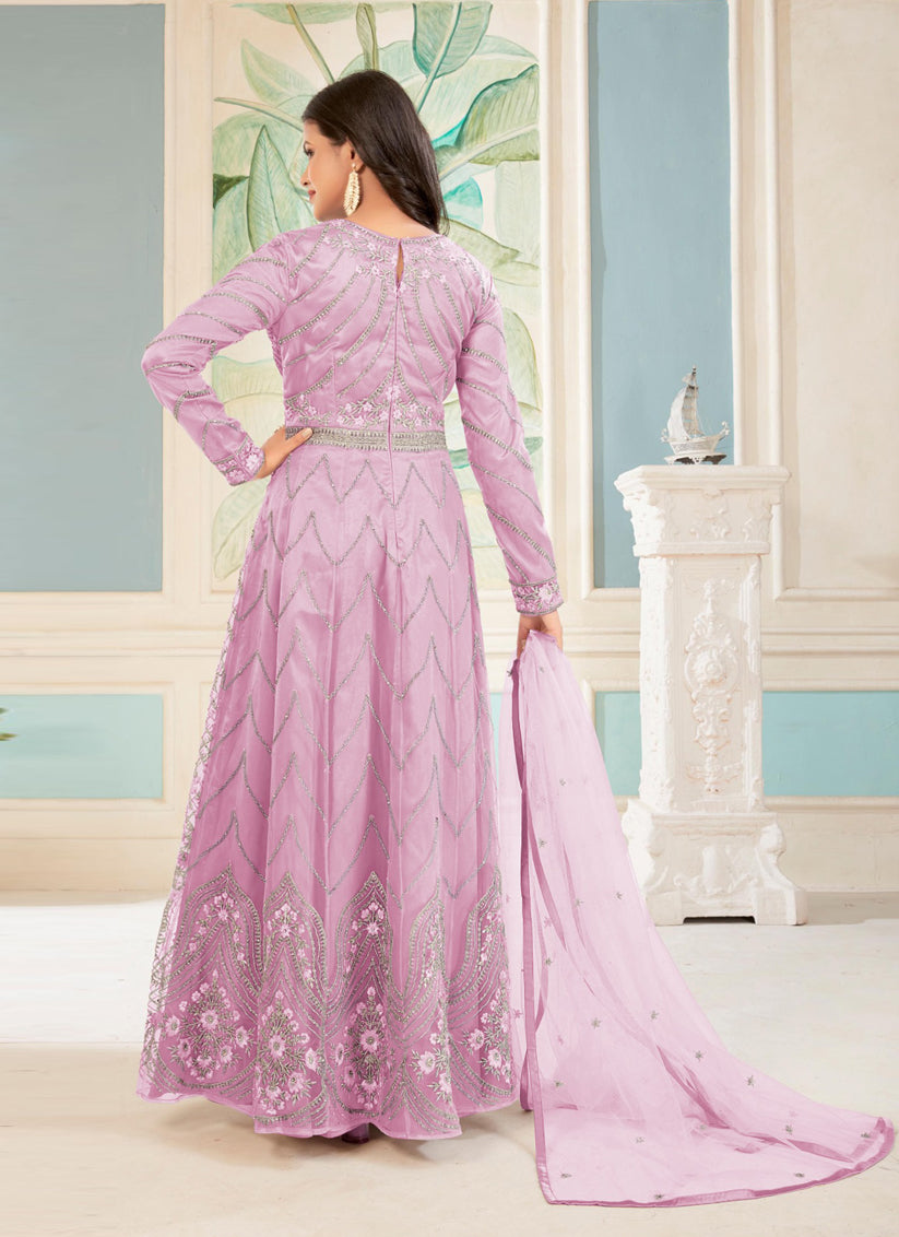 Rose Pink Net Embroidered Anarkali Dress