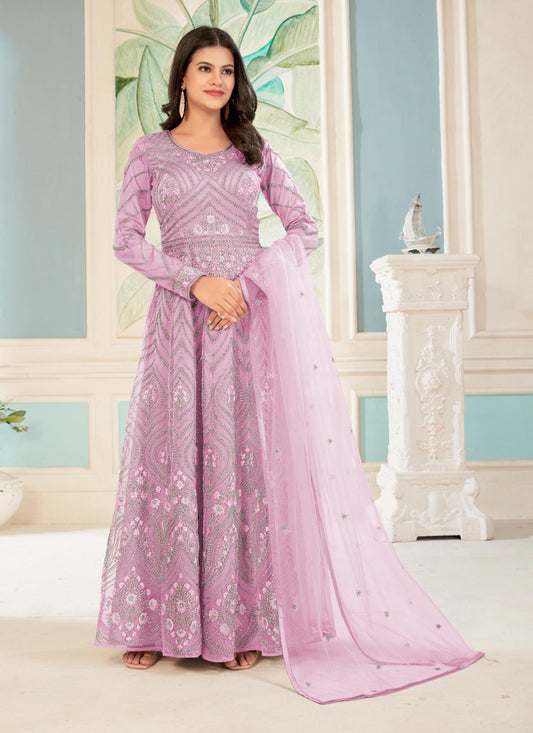 Rose Pink Net Embroidered Anarkali Dress