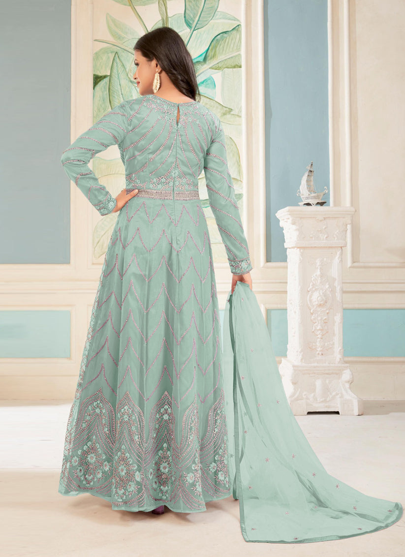 Ice Mint Net Embroidered Anarkali Dress