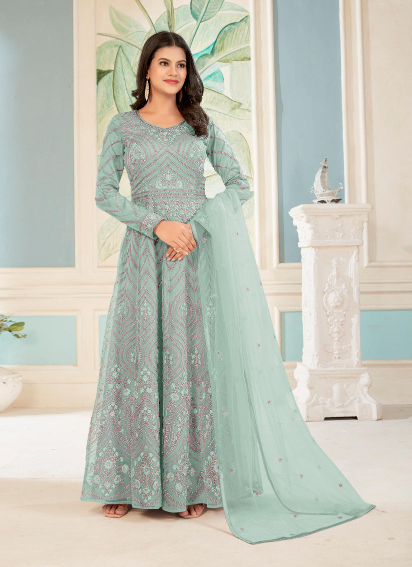 Ice Mint Net Embroidered Anarkali Dress