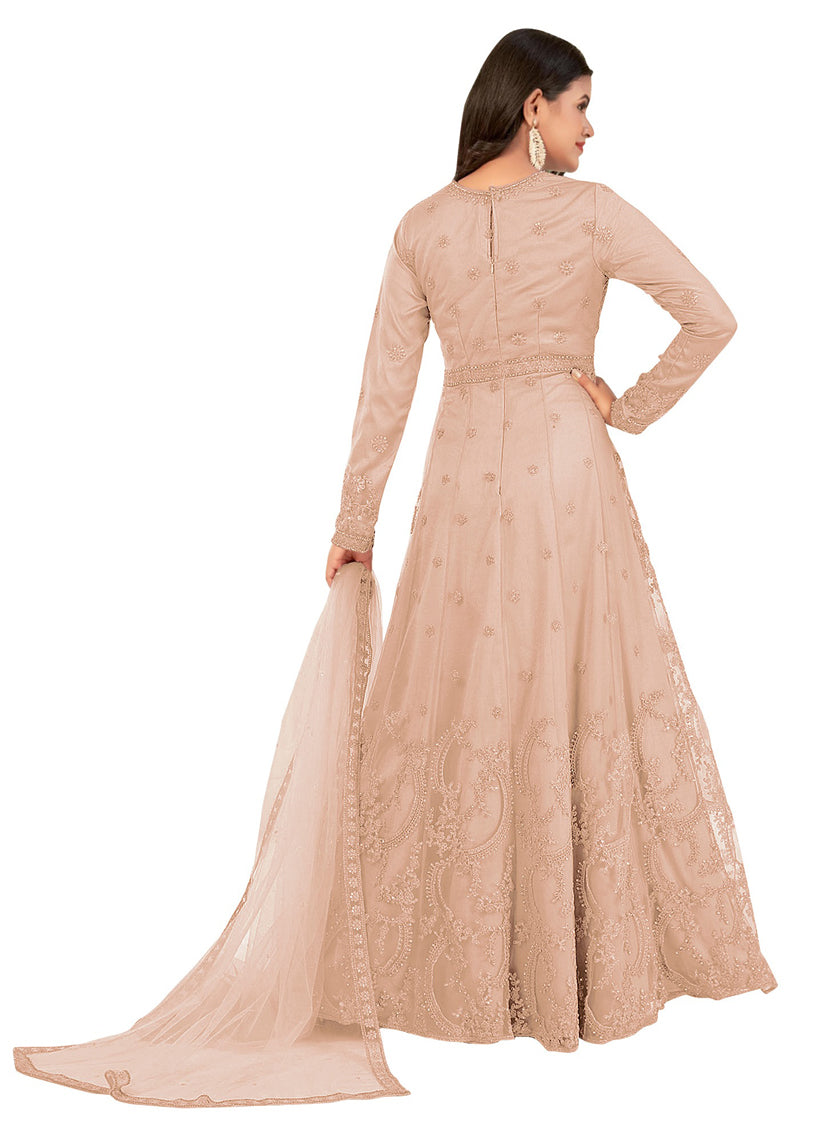Blush Peach Net Embroidered Anarkali Dress