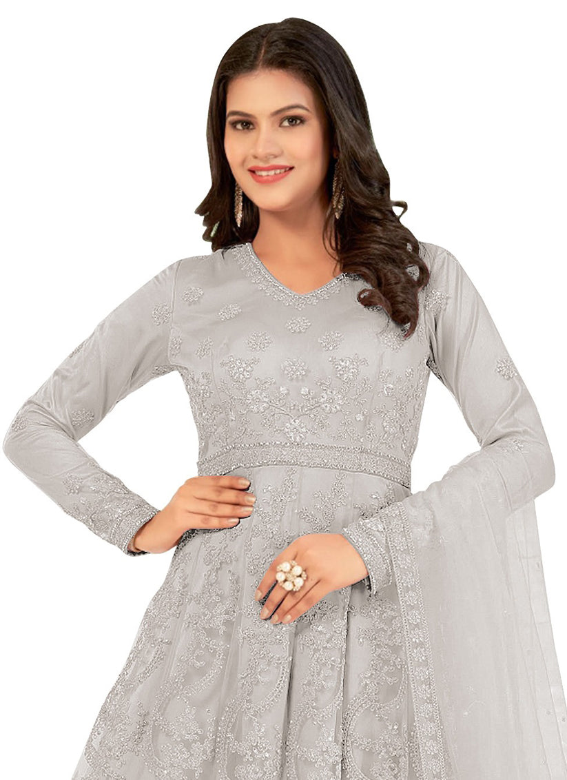 Pearl Grey Net Embroidered Anarkali Dress