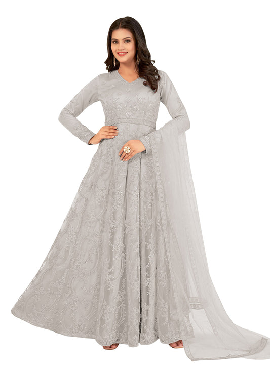 Pearl Grey Net Embroidered Anarkali Dress