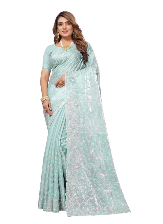 Sky Blue Heavy Resham Embroidered Party Wear Saree
