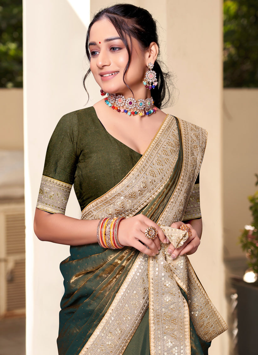 Olive Green Silk Party Wear Saree