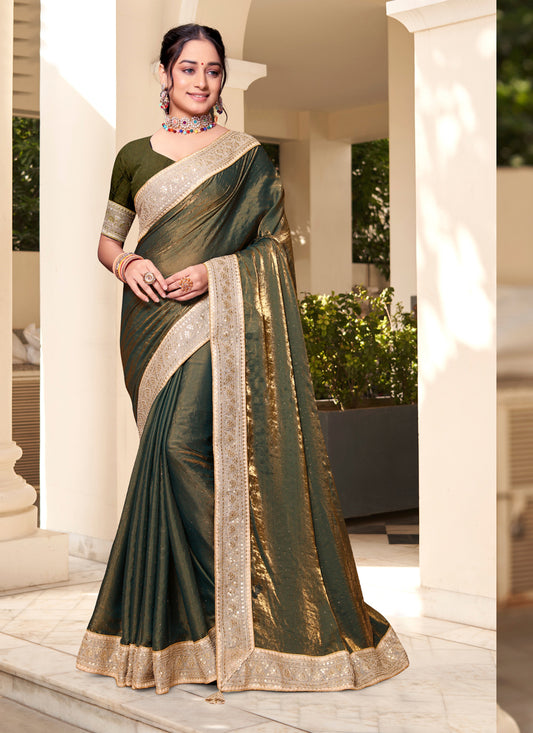 Olive Green Silk Party Wear Saree