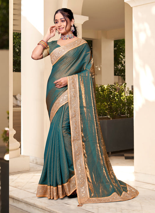 Teal Green Silk Party Wear Saree