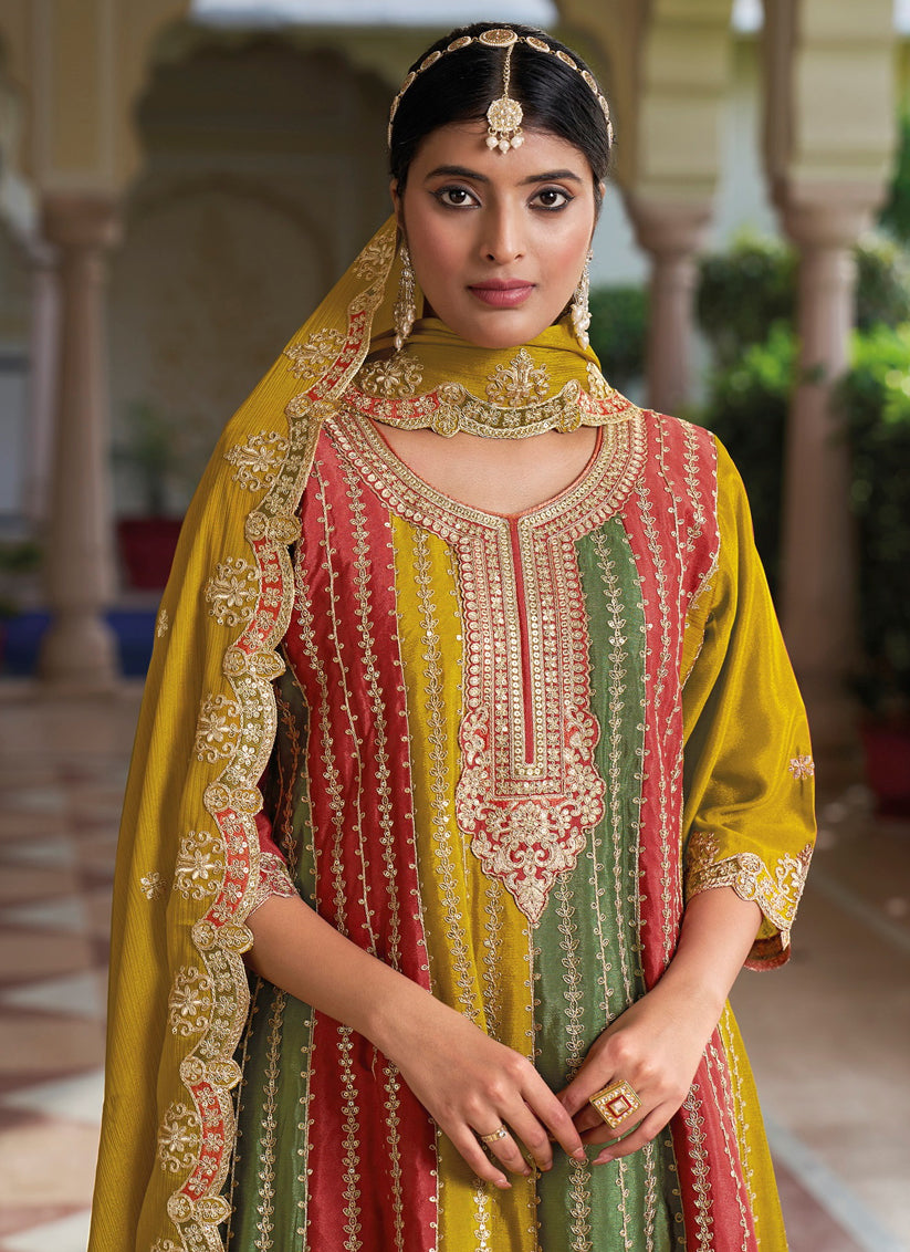 Multicolor Chinnon Embroidered Palazzo Kameez