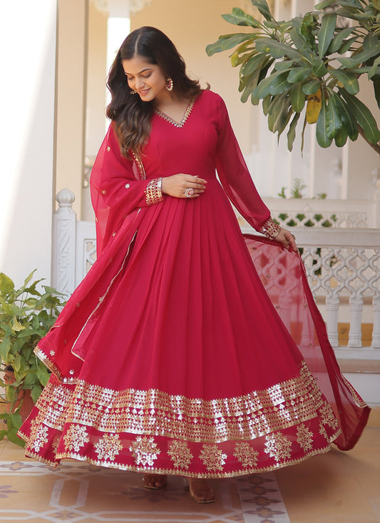 Rani Pink Embroidered Gown with Dupatta