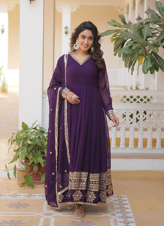 Purple Embroidered Gown with Dupatta