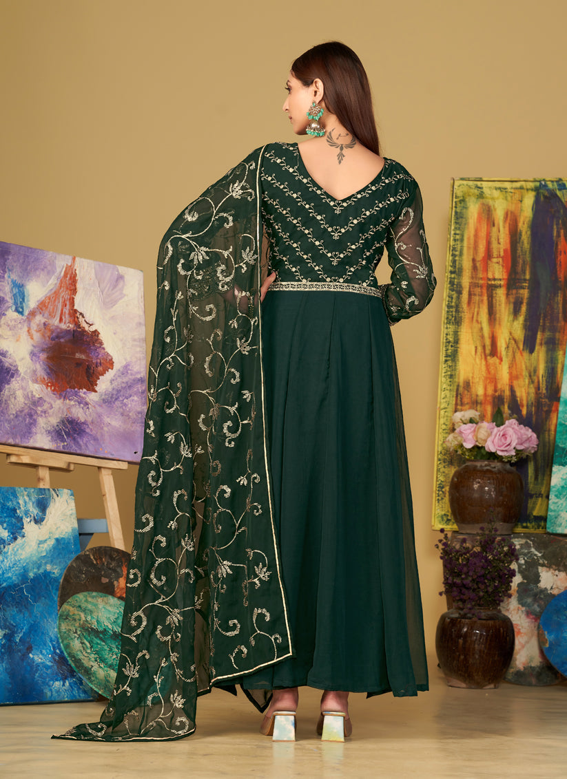 Bottle Green Georgette Embroidered Anarkali Suit