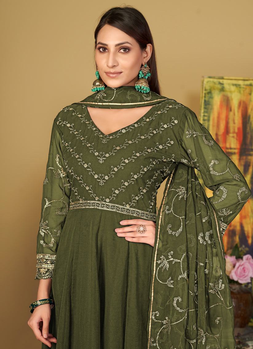 Mehendi Green Georgette Embroidered Anarkali Suit