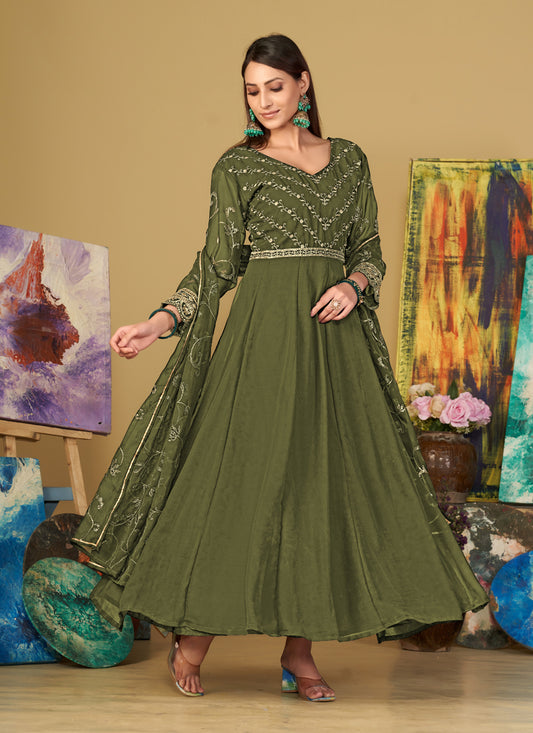 Mehendi Green Georgette Embroidered Anarkali Suit