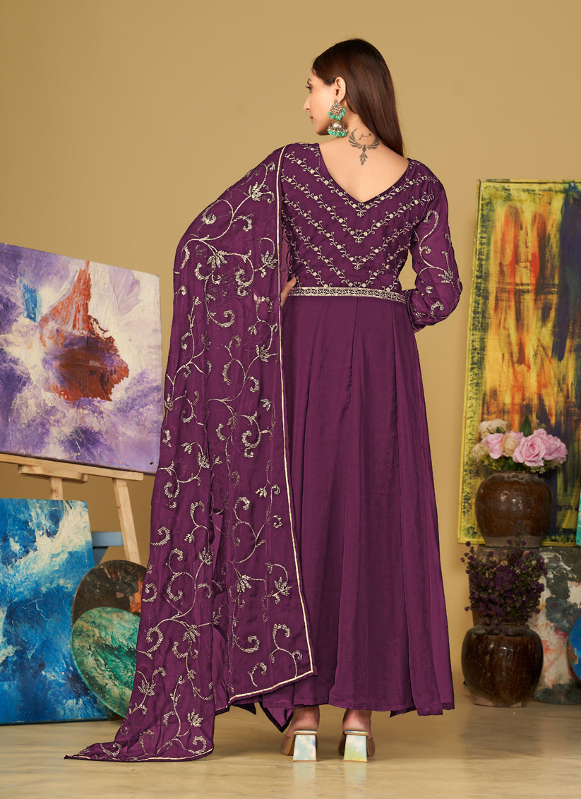 Wine Georgette Embroidered Anarkali Suit