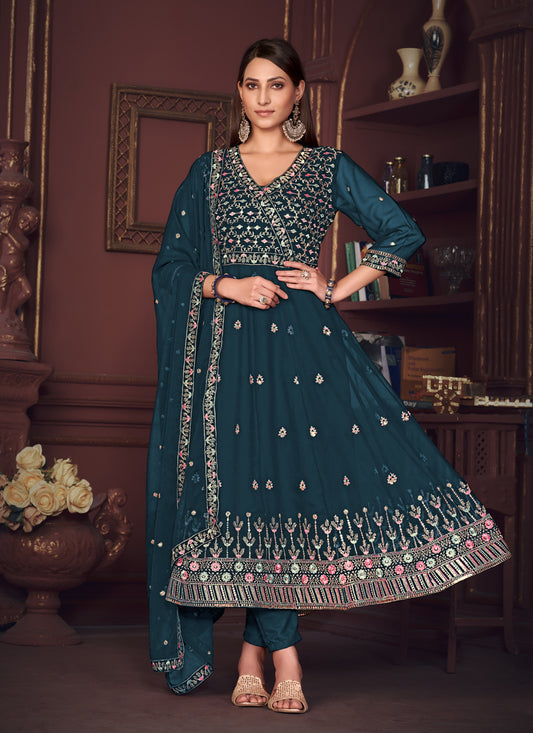 Peacock Blue Georgette Embroidered Anarkali Suit