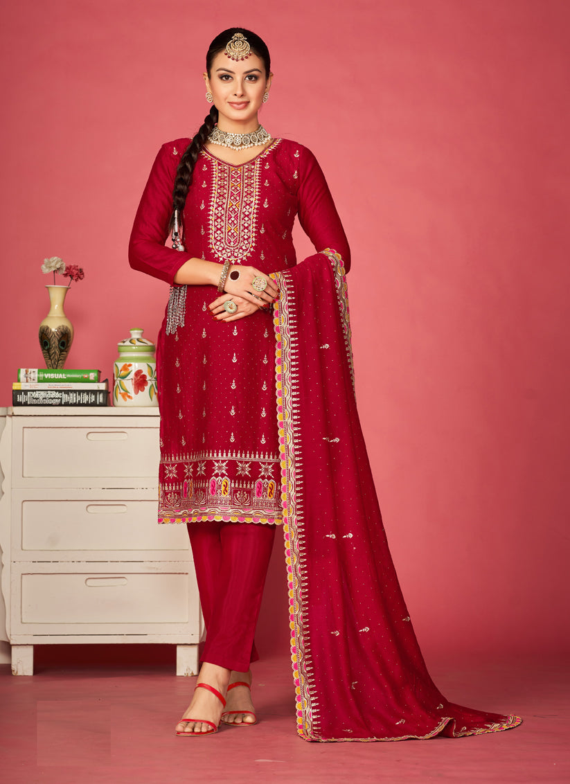 Cherry Red Art Silk Embroidered Pant Kameez for Festival