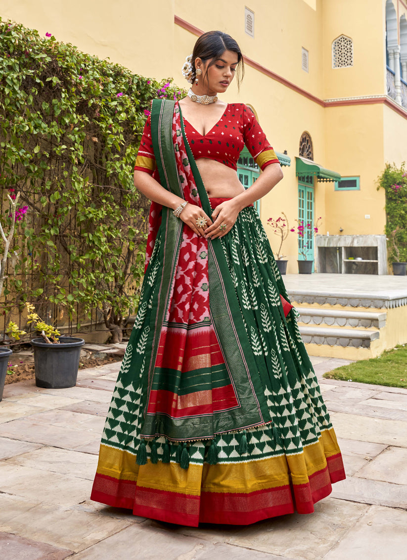 Green Tussar Silk Foil Printed Party Wear Lehenga Set