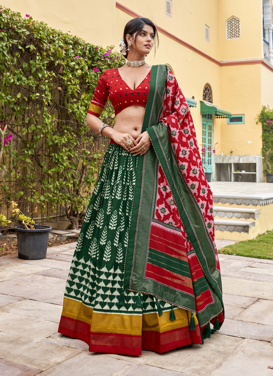 Green Tussar Silk Foil Printed Party Wear Lehenga Set