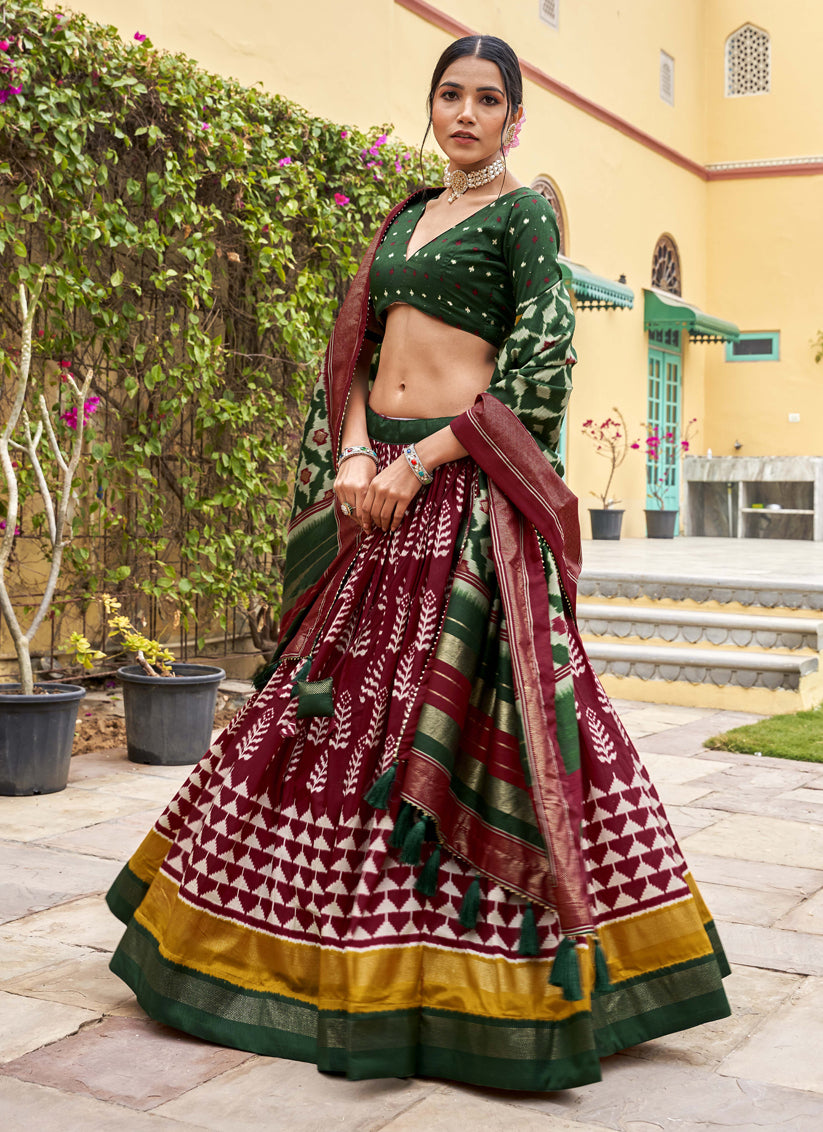 Maroon Tussar Silk Foil Printed Party Wear Lehenga Set