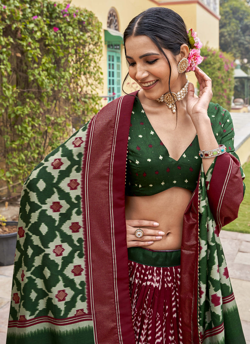 Maroon Tussar Silk Foil Printed Party Wear Lehenga Set