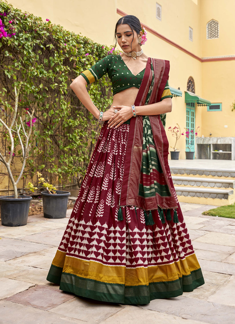 Maroon Tussar Silk Foil Printed Party Wear Lehenga Set