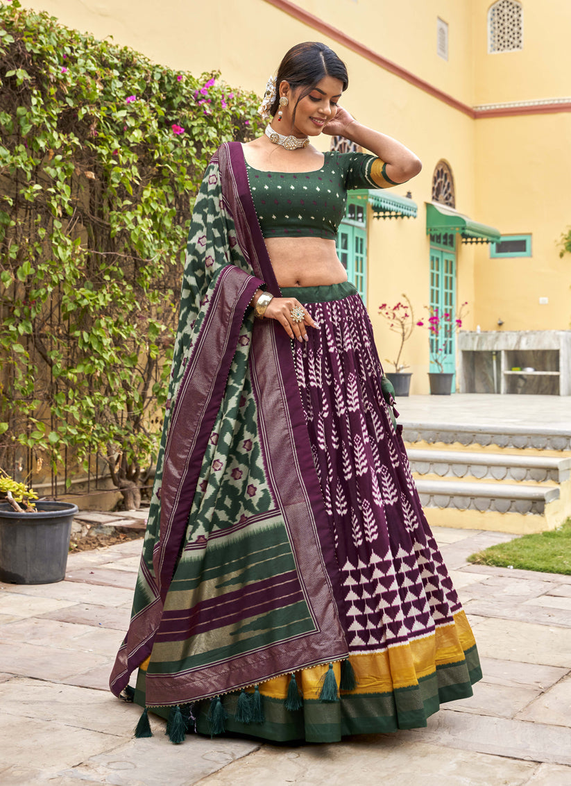 Wine Tussar Silk Foil Printed Party Wear Lehenga Set