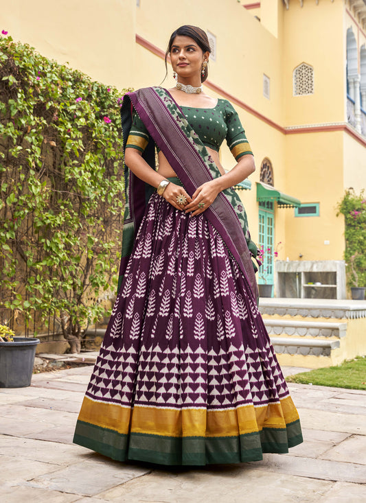 Wine Tussar Silk Foil Printed Party Wear Lehenga Set